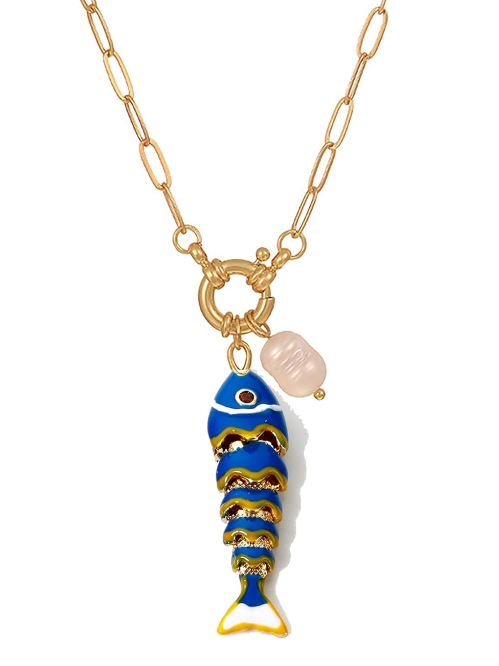 New! Coastal Blue Fish Charm Gold Paperclip Chain Necklace (4011) NWOT